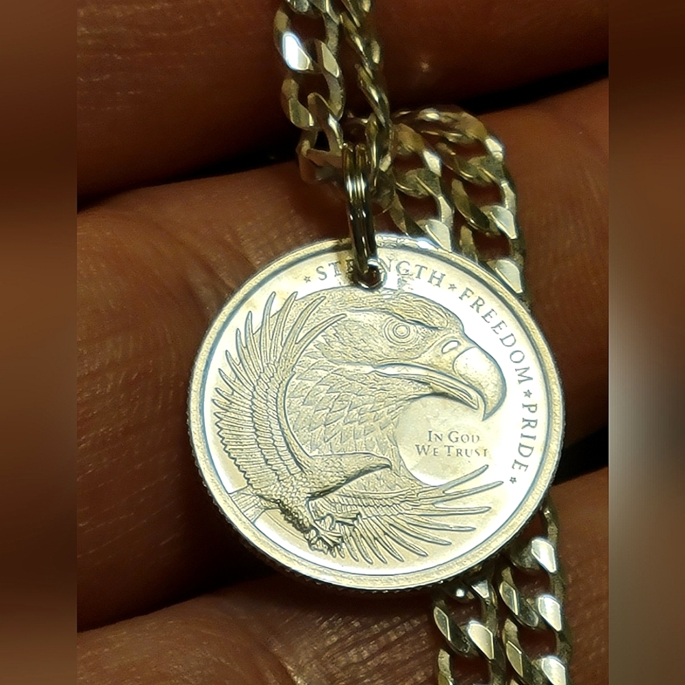 .999 Fine SILVER Pendant Eagle / American Flag Reversible Handmade 3g Silver